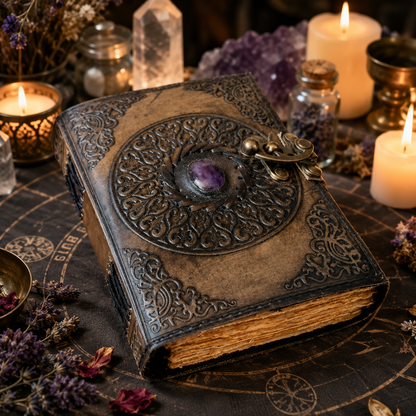 Stone inlay leather journal – handmade vintage Pagan grimoire, natural stone cover, kraft pages, view 2