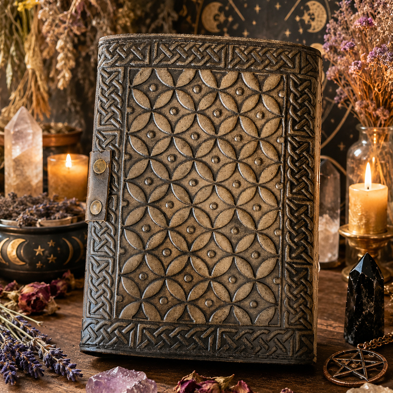 Stone inlay leather journal – handmade vintage Pagan grimoire, natural stone cover, kraft pages, view 3