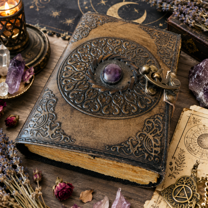 Stone inlay leather journal – handmade vintage Pagan grimoire, natural stone cover, kraft pages, view 4