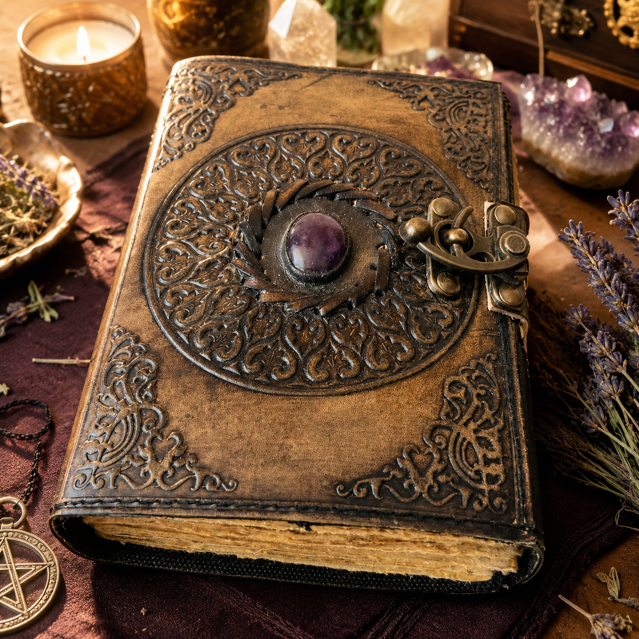 Stone inlay leather journal – handmade vintage Pagan grimoire, natural stone cover, kraft pages, view 1