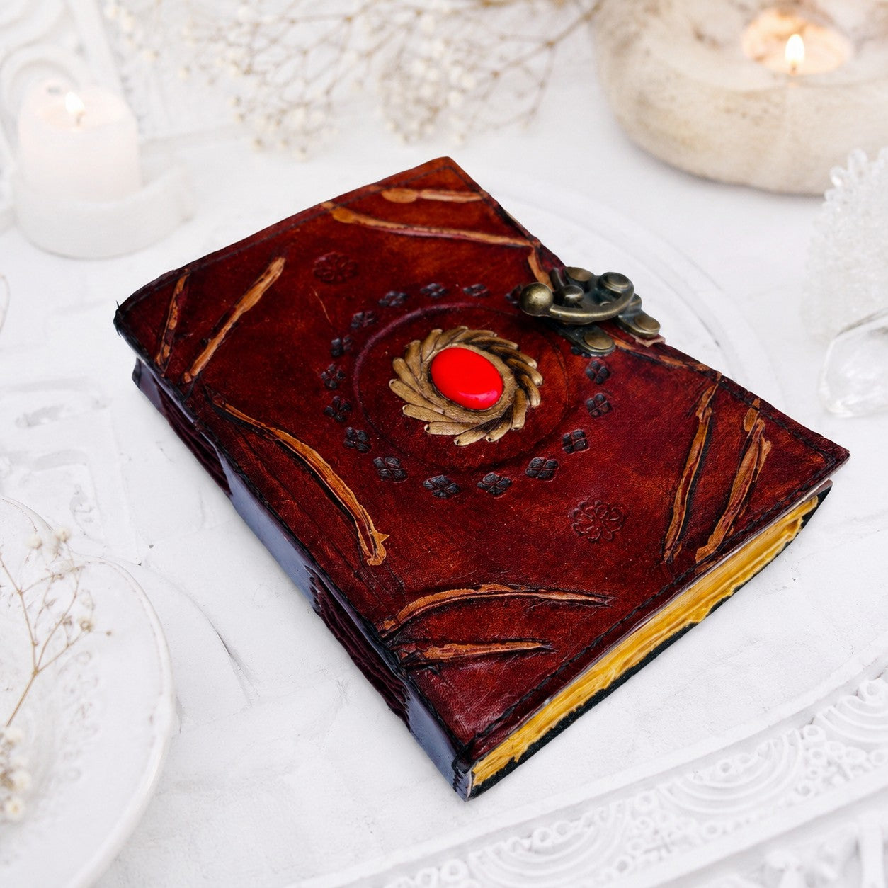 Stone Leather Journal – Vintage Antique Witch Grimoire Book of Shadows – leather journal, back cover view