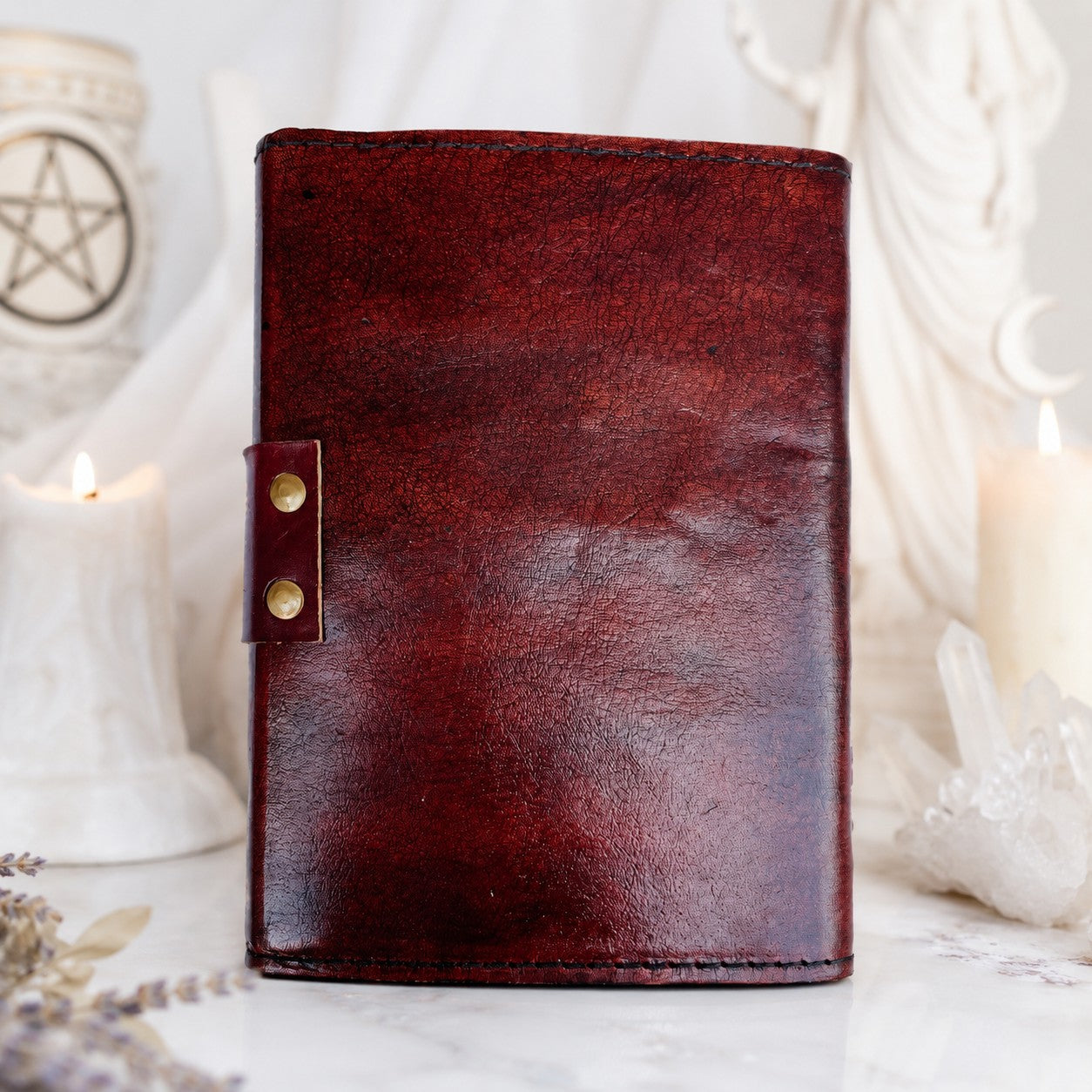 Stone Leather Journal – Vintage Antique Witch Grimoire Book of Shadows – leather journal, open blank pages view