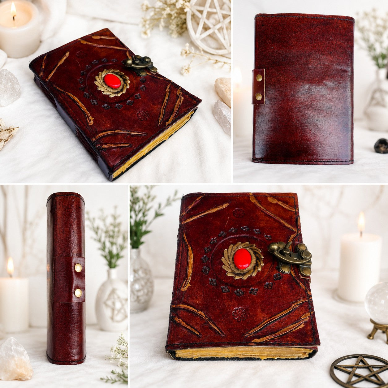 Stone Leather Journal – Vintage Antique Witch Grimoire Book of Shadows – leather journal, close-up cover detail