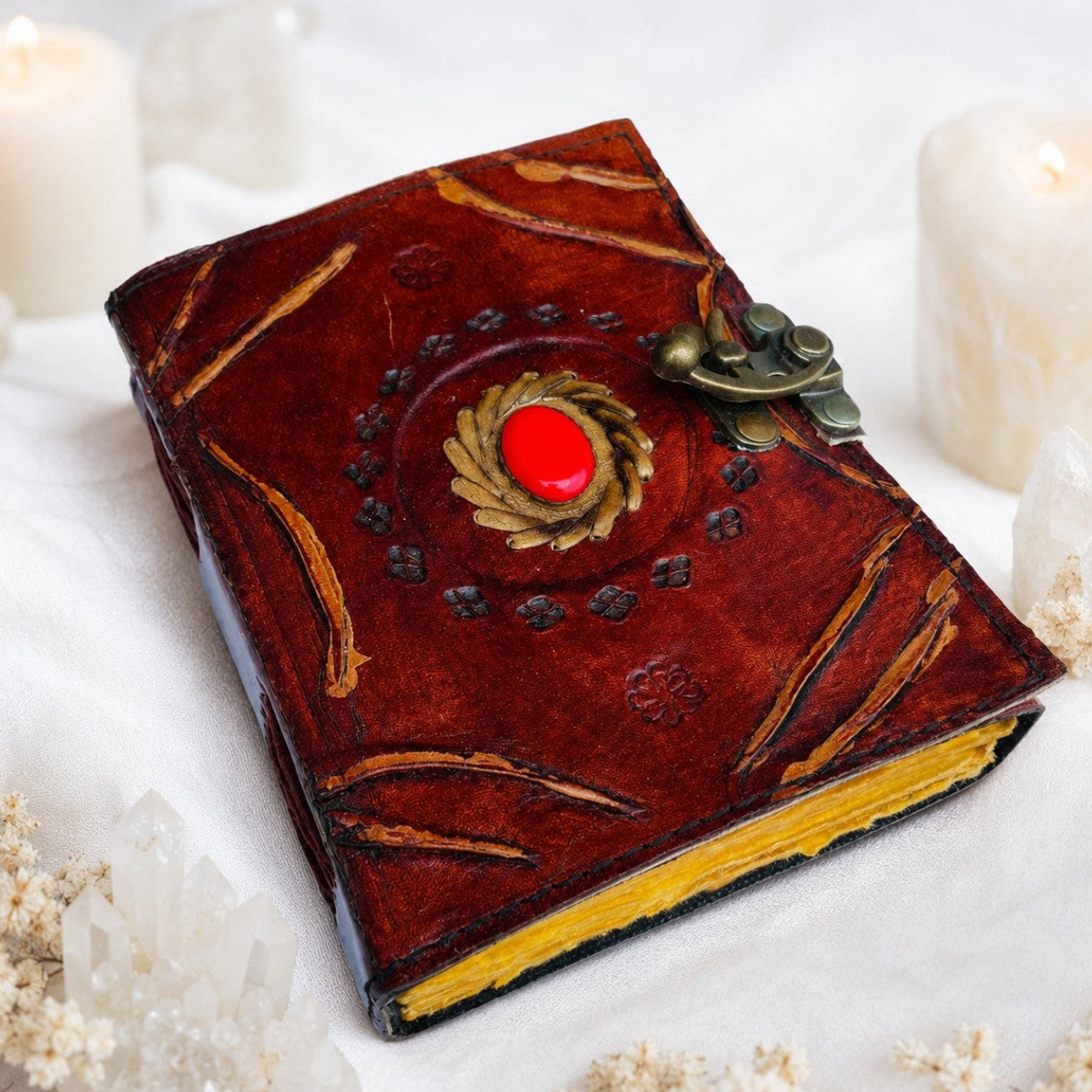 Stone Leather Journal – Vintage Antique Witch Grimoire Book of Shadows – leather journal, front cover view