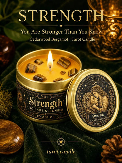Strength Tarot Candle – Cedarwood Bergamot Scented Tiger Eye Candle-MoonChildWorld