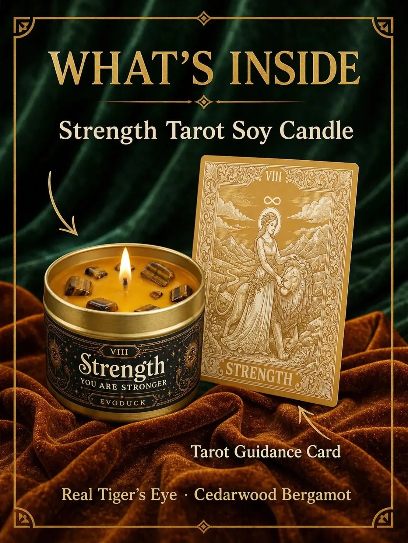 Strength Tarot Candle – Cedarwood Bergamot Scented Tiger Eye Candle-MoonChildWorld