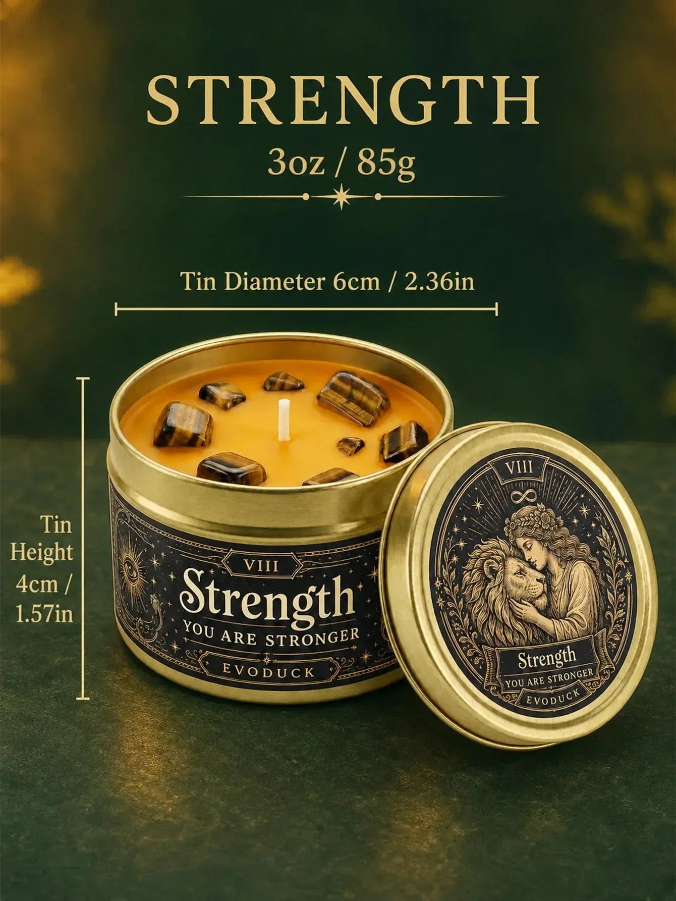 Strength Tarot Candle – Cedarwood Bergamot Scented Tiger Eye Candle-MoonChildWorld