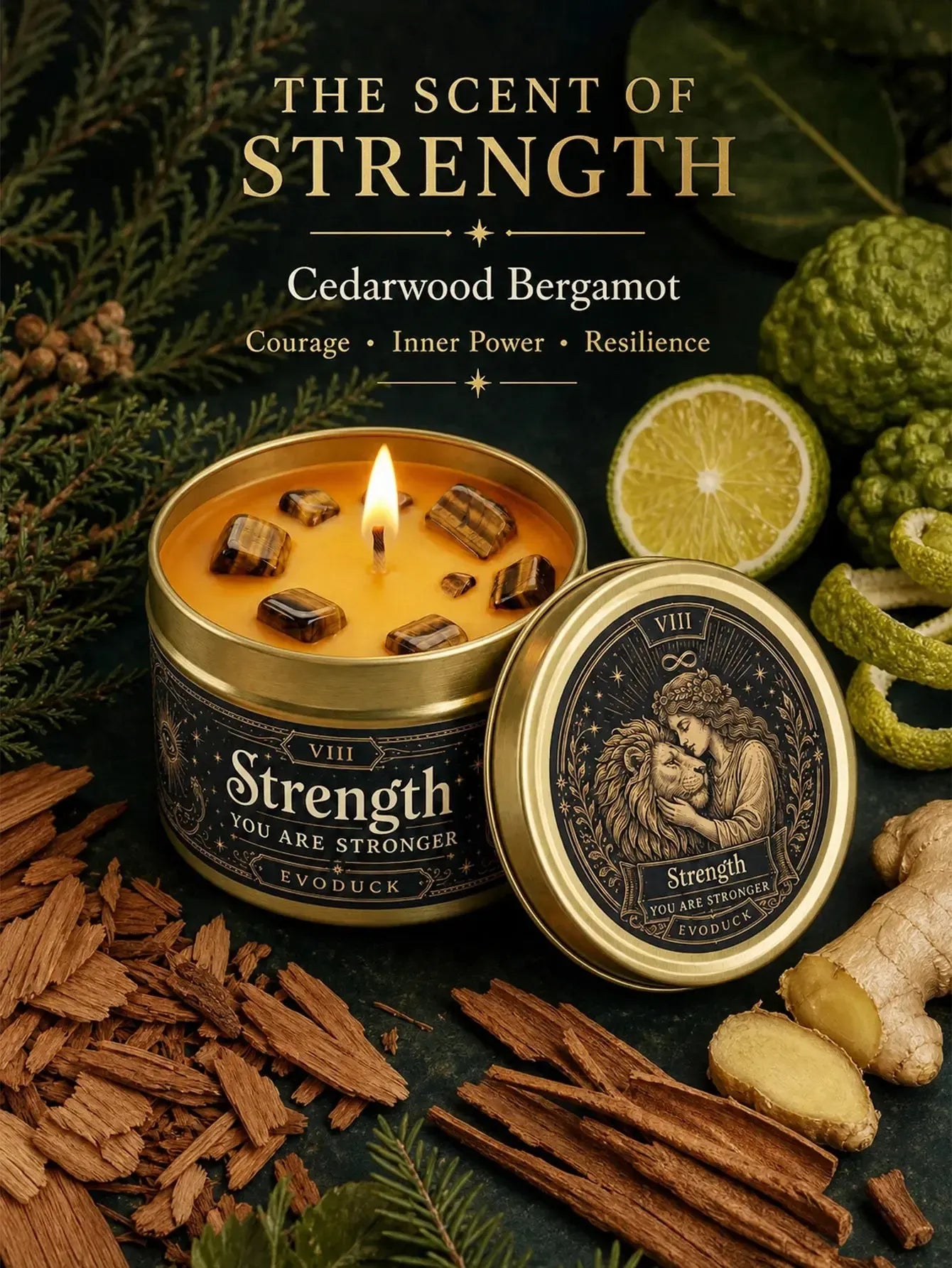 Strength Tarot Candle – Cedarwood Bergamot Scented Tiger Eye Candle-MoonChildWorld