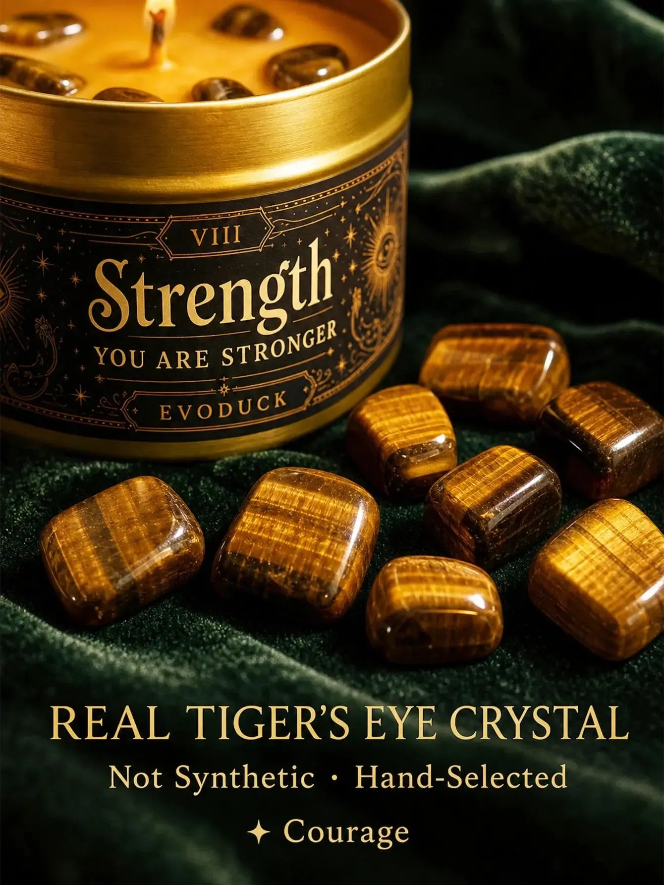 Strength Tarot Candle – Cedarwood Bergamot Scented Tiger Eye Candle-MoonChildWorld