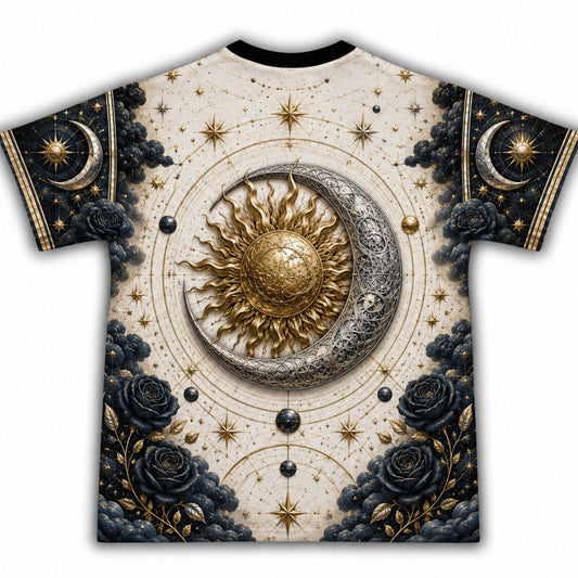 Sun And Moon T-Shirt Navy Rose Celestial Gold Silver Tee back view