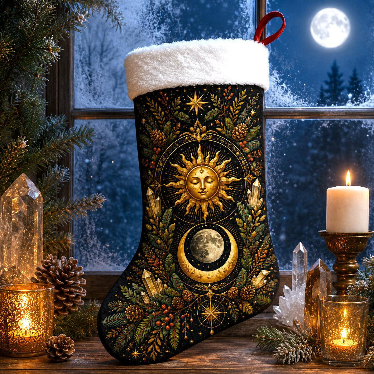 Sun And Moon Christmas Stocking Gold Celestial Solstice Decor, styled shot 4
