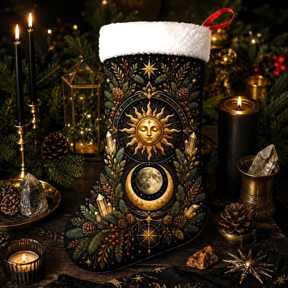 Sun And Moon Christmas Stocking Gold Celestial Solstice Decor