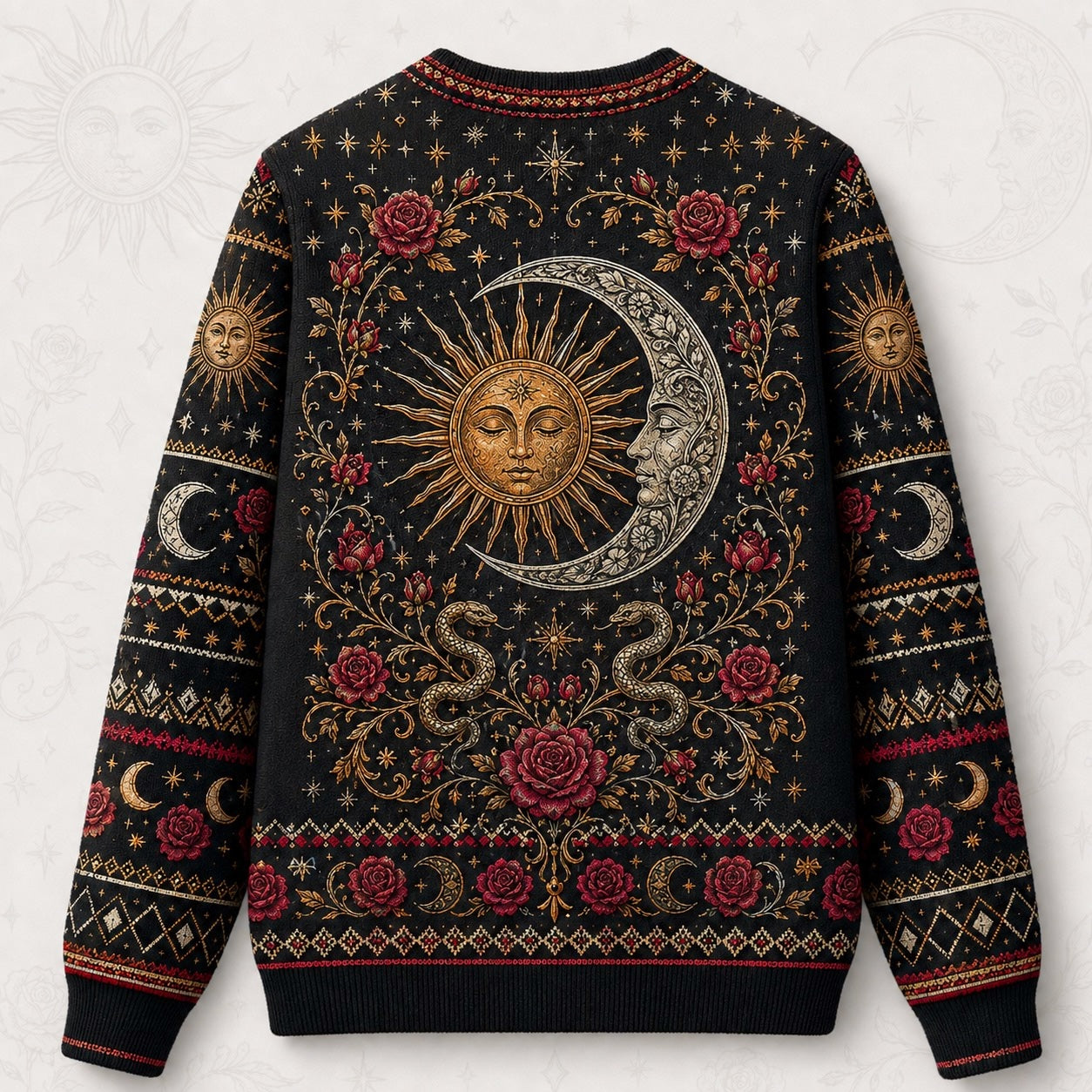 Sun And Moon Lovers Sweater Rose Serpent Red Gold Knit back view