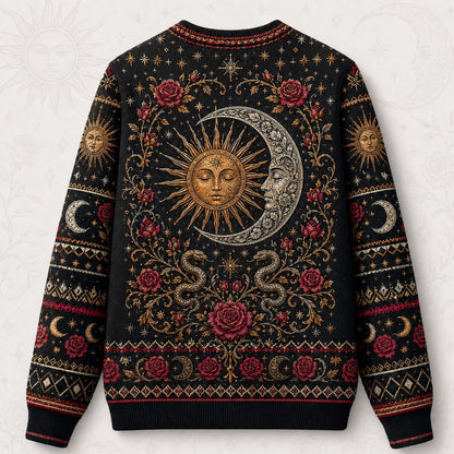 Sun And Moon Lovers Sweater Rose Serpent Red Gold Knit back view