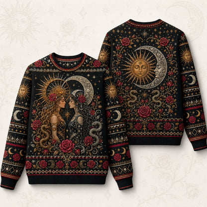 Sun And Moon Lovers Sweater Rose Serpent Red Gold Knit front and back together