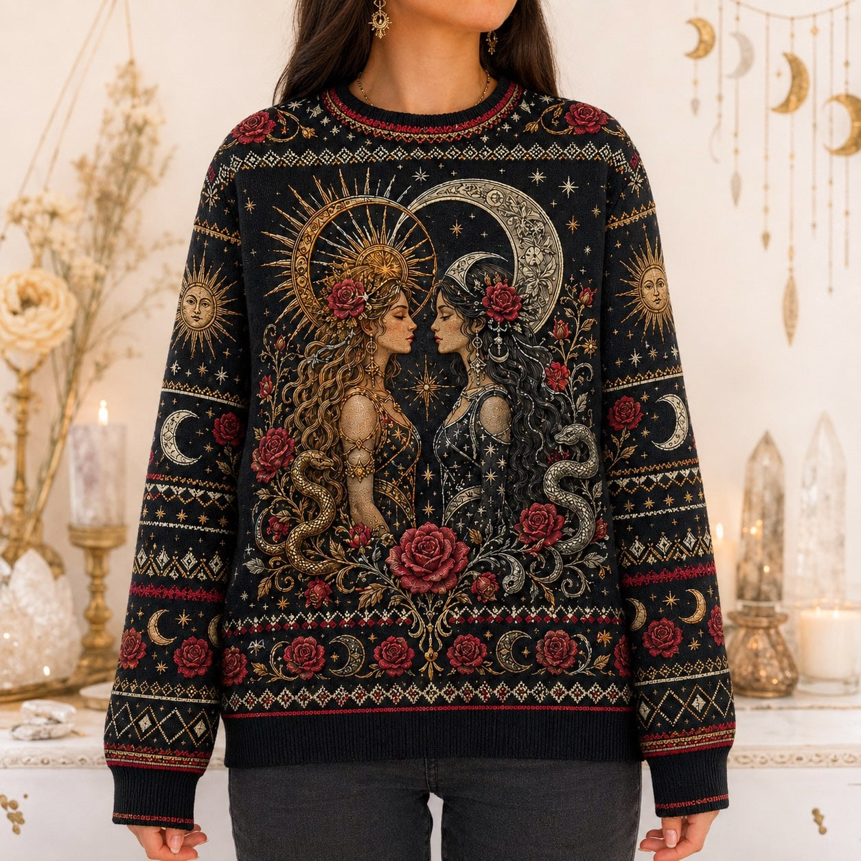 Sun And Moon Lovers Sweater Rose Serpent Red Gold Knit worn, front view