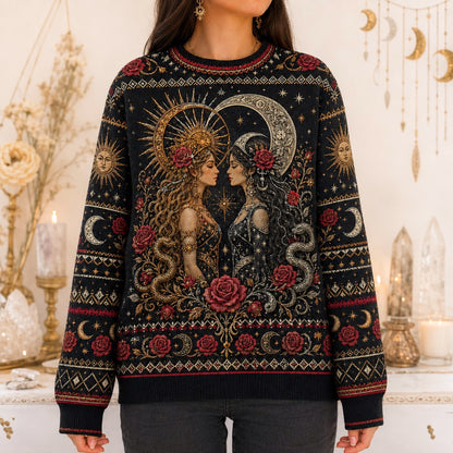 Sun And Moon Lovers Sweater Rose Serpent Red Gold Knit worn, front view