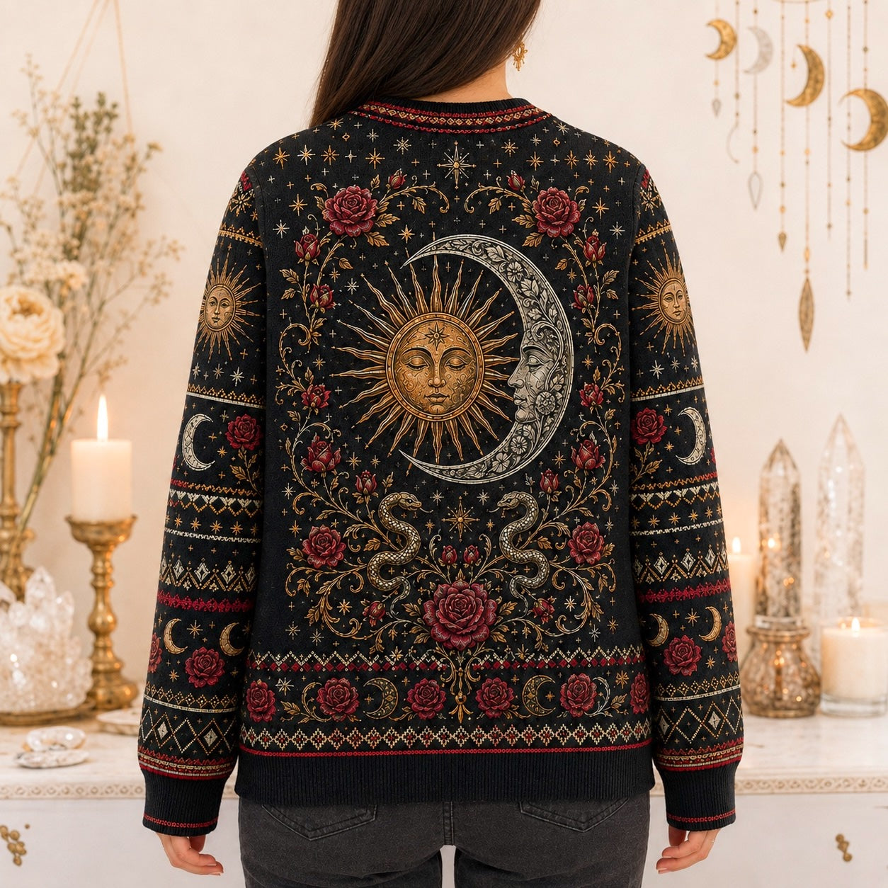 Sun And Moon Lovers Sweater Rose Serpent Red Gold Knit worn, back view