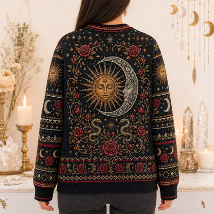 Sun And Moon Lovers Sweater Rose Serpent Red Gold Knit worn, back view