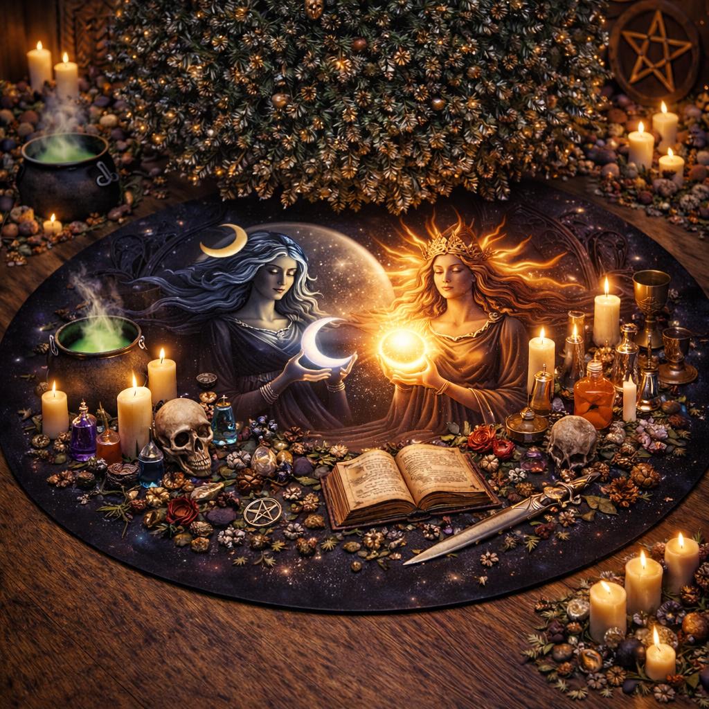 Gothic dark velvet tree skirt with sun and moon goddesses, skulls, candles, and a spellbook.