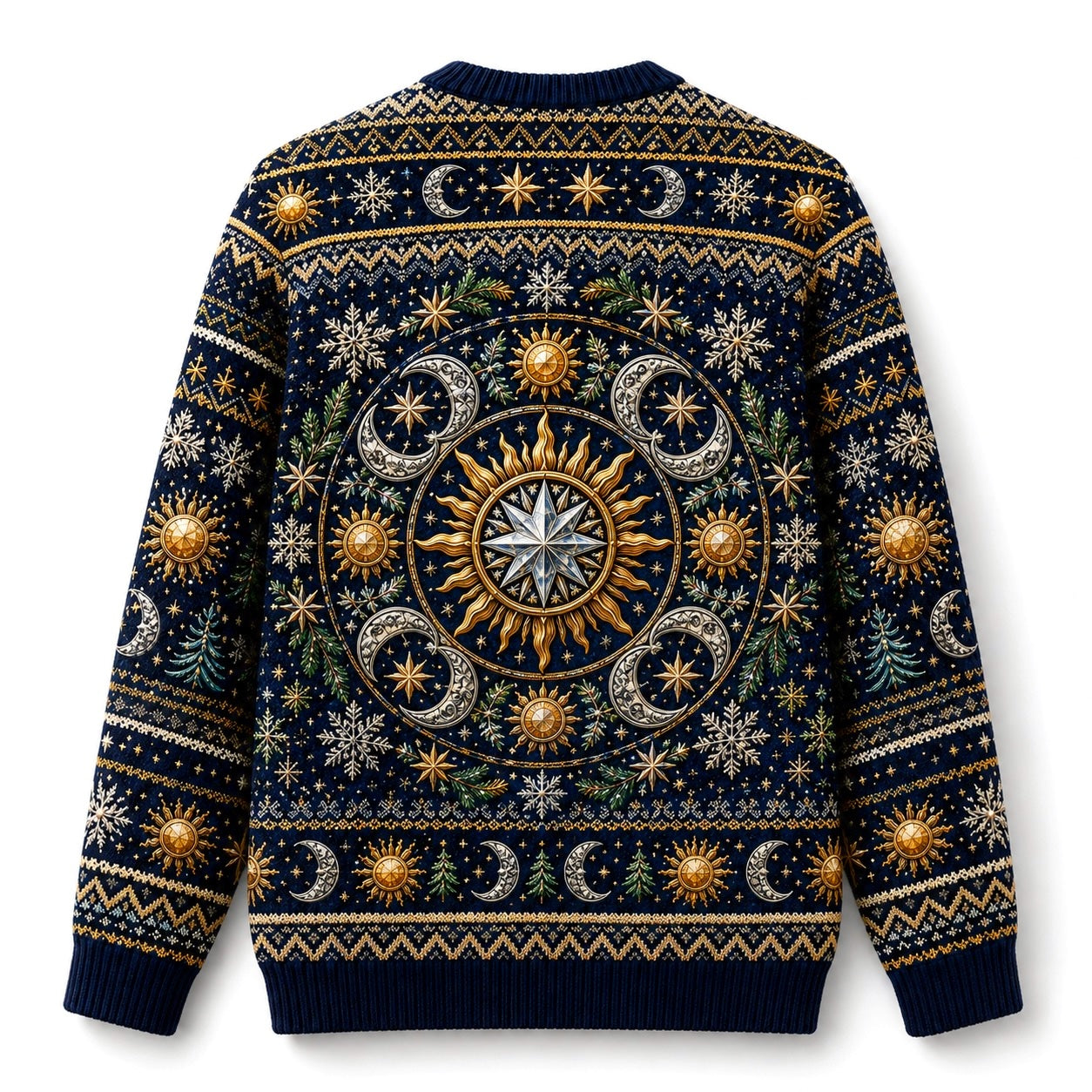Sun And Moon Sweater Astrolabe Celestial Navy Gold Knit back view