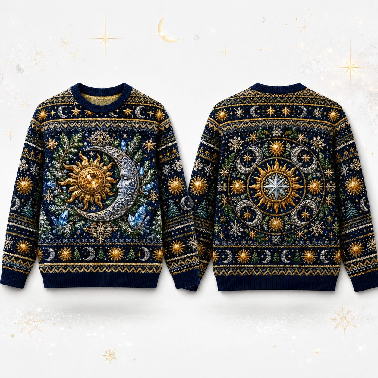 Sun And Moon Sweater Astrolabe Celestial Navy Gold Knit front and back together