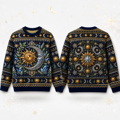 Sun And Moon Sweater Astrolabe Celestial Navy Gold Knit front and back together