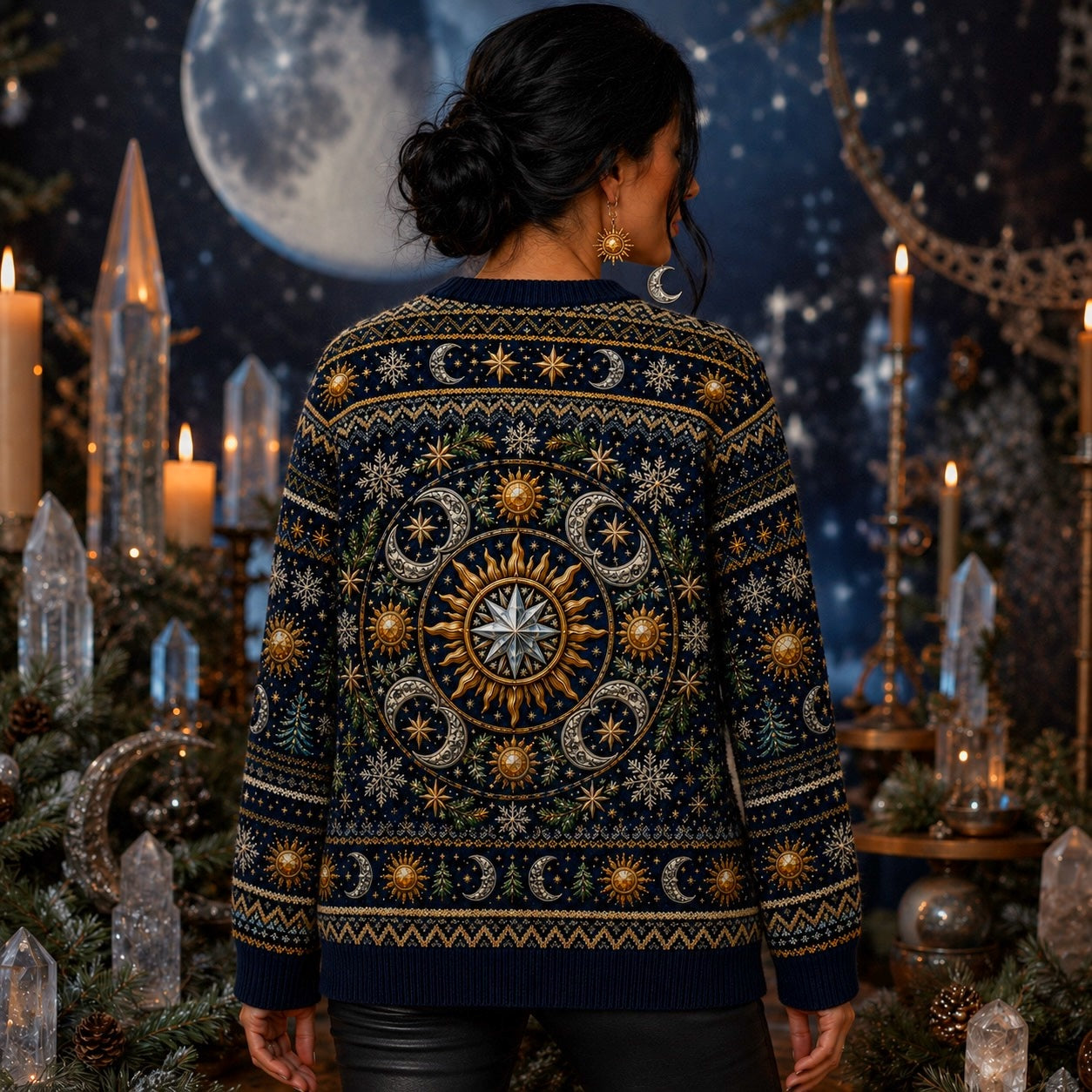 Sun And Moon Sweater Astrolabe Celestial Navy Gold Knit worn, back view