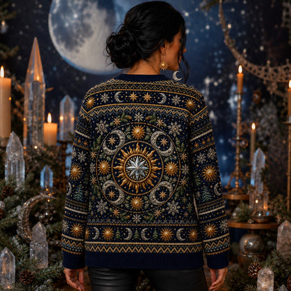 Sun And Moon Sweater Astrolabe Celestial Navy Gold Knit worn, back view