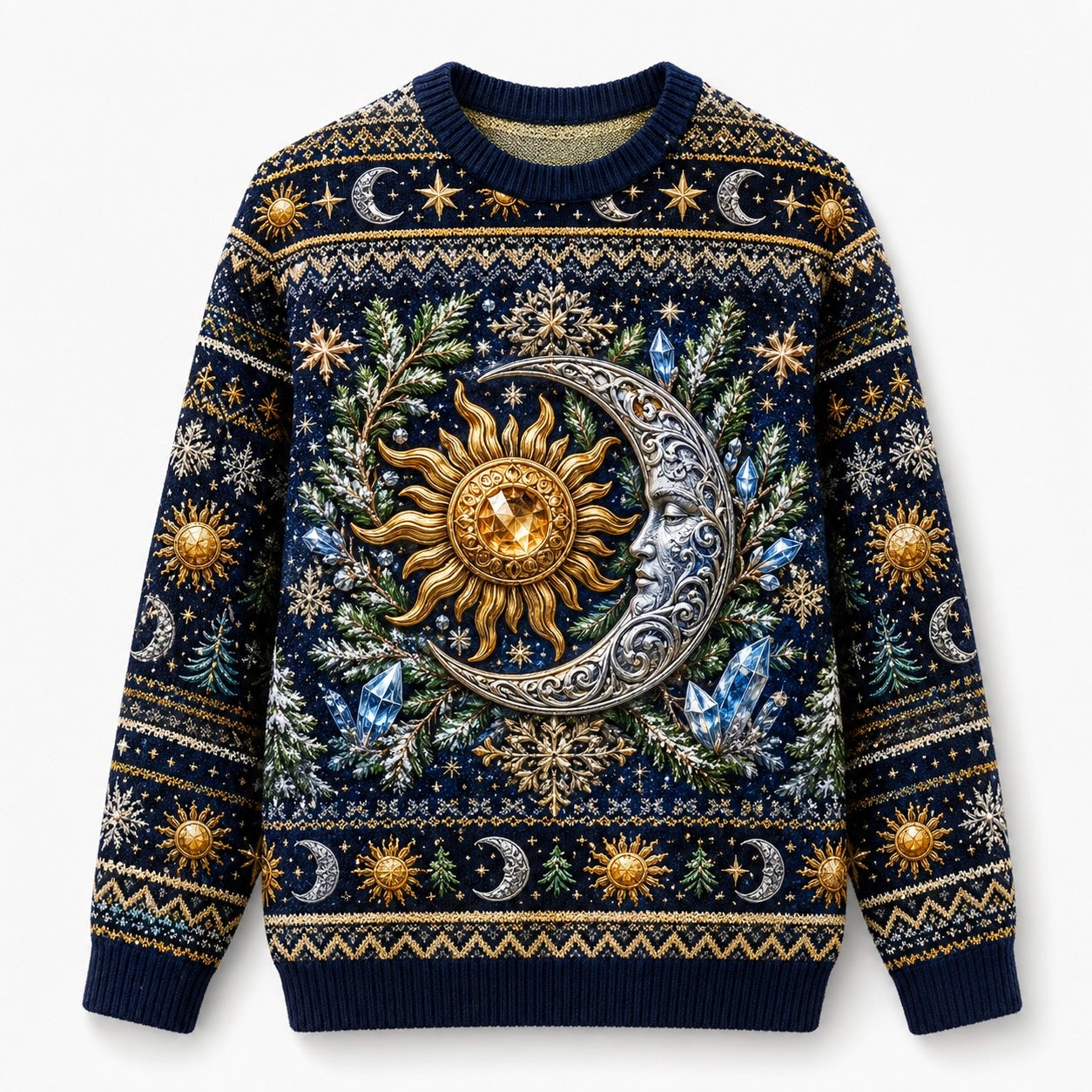 Sun And Moon Sweater Astrolabe Celestial Navy Gold Knit front view