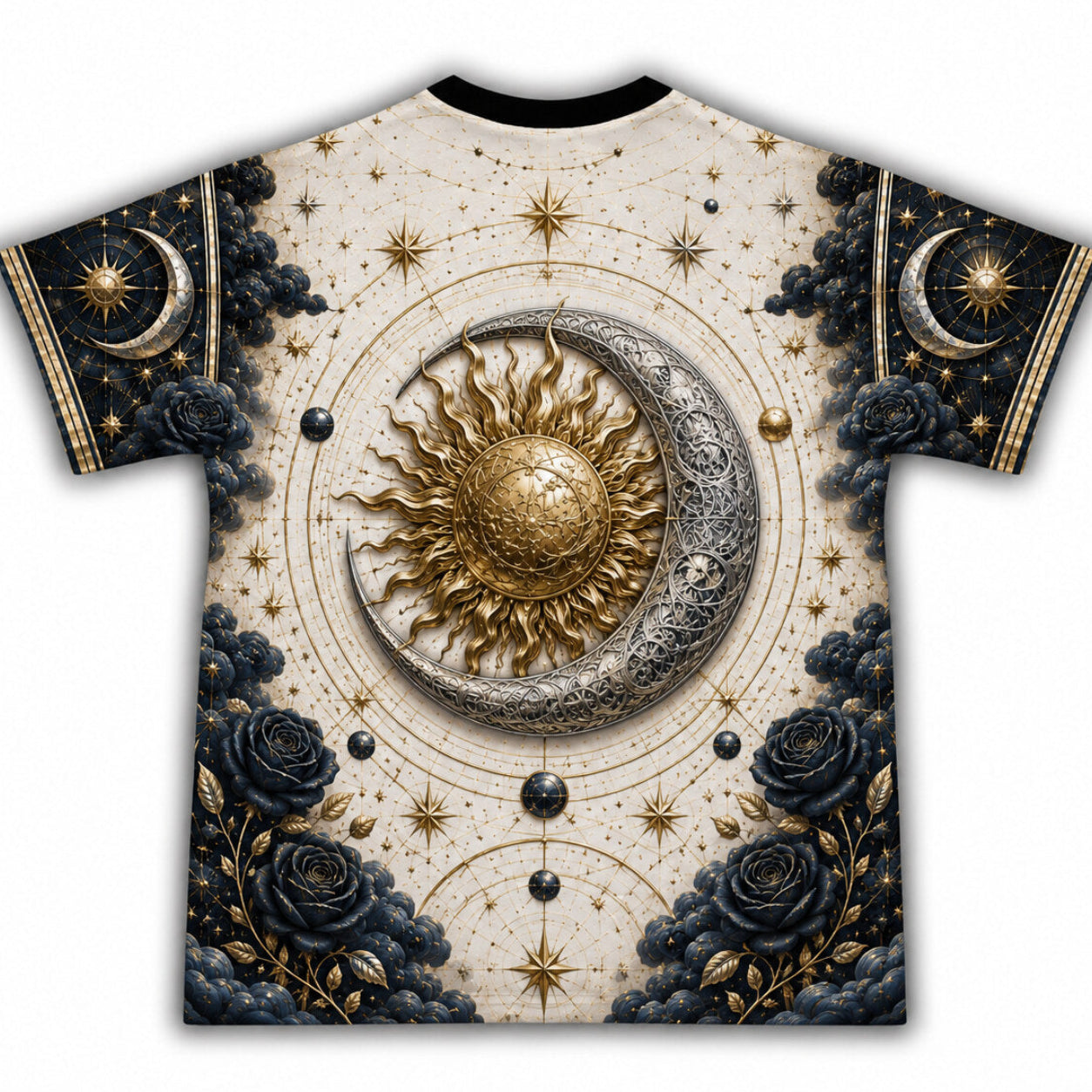 Sun And Moon T-Shirt Navy Rose Celestial Gold Silver Tee back view