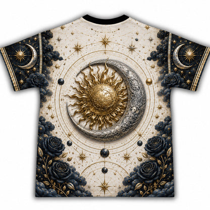 Sun And Moon T-Shirt Navy Rose Celestial Gold Silver Tee back view