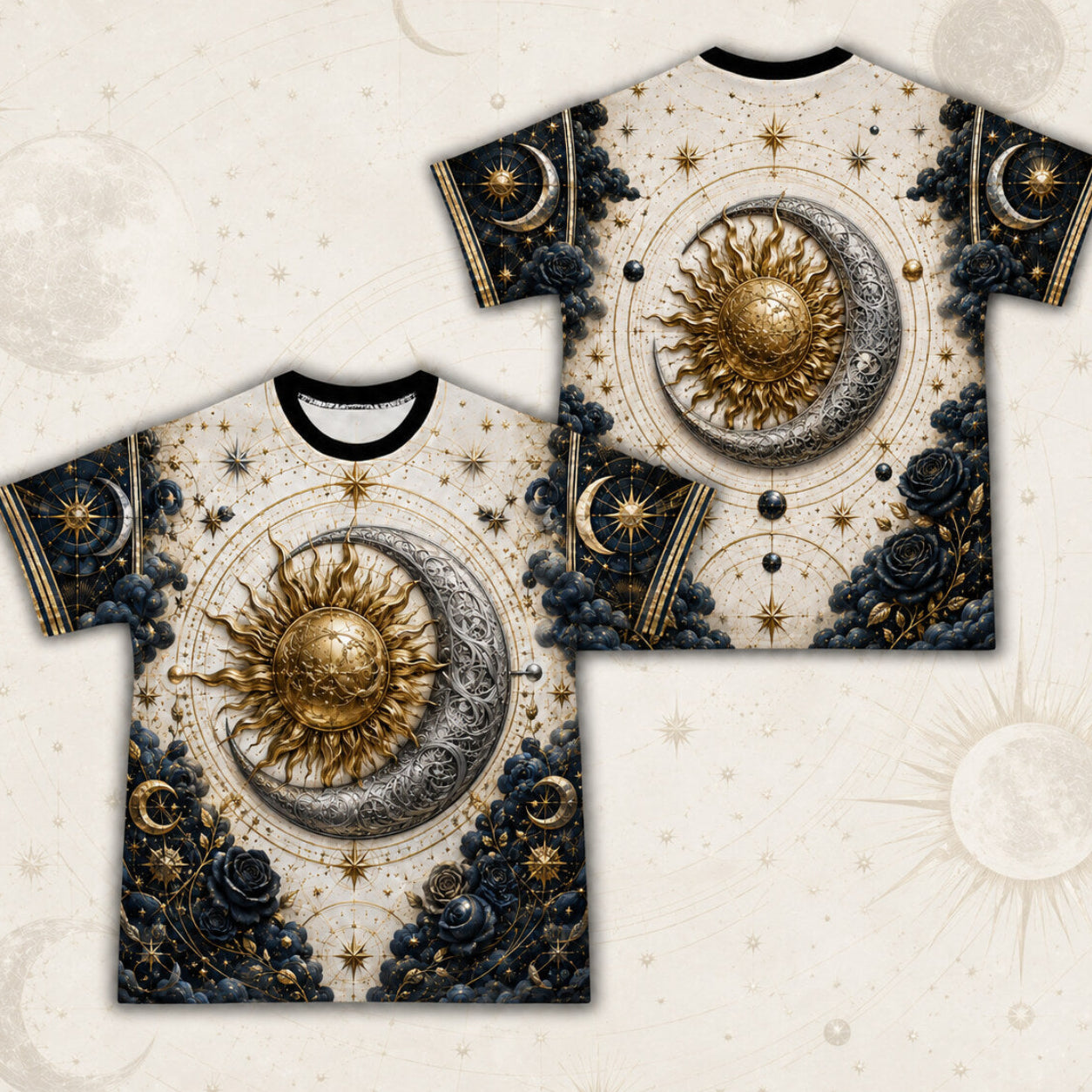 Sun And Moon T-Shirt Navy Rose Celestial Gold Silver Tee front and back together