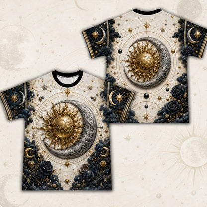 Sun And Moon T-Shirt Navy Rose Celestial Gold Silver Tee front and back together