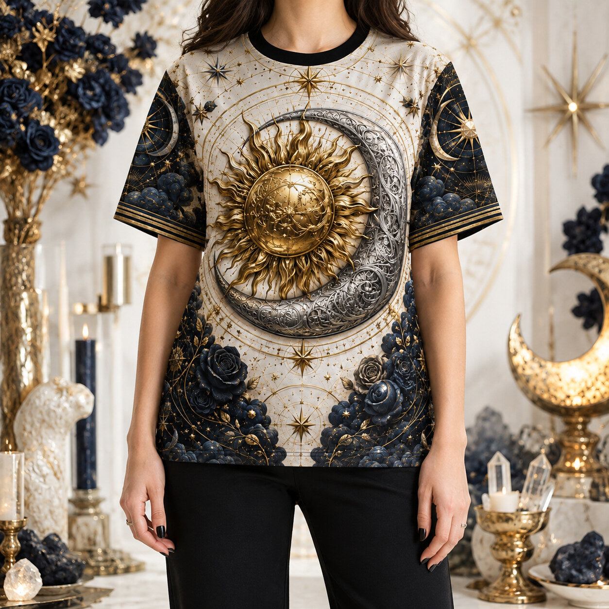 Sun And Moon T-Shirt Navy Rose Celestial Gold Silver Tee worn, front view