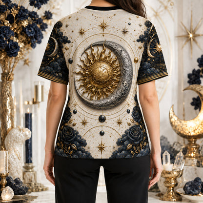 Sun And Moon T-Shirt Navy Rose Celestial Gold Silver Tee worn, back view