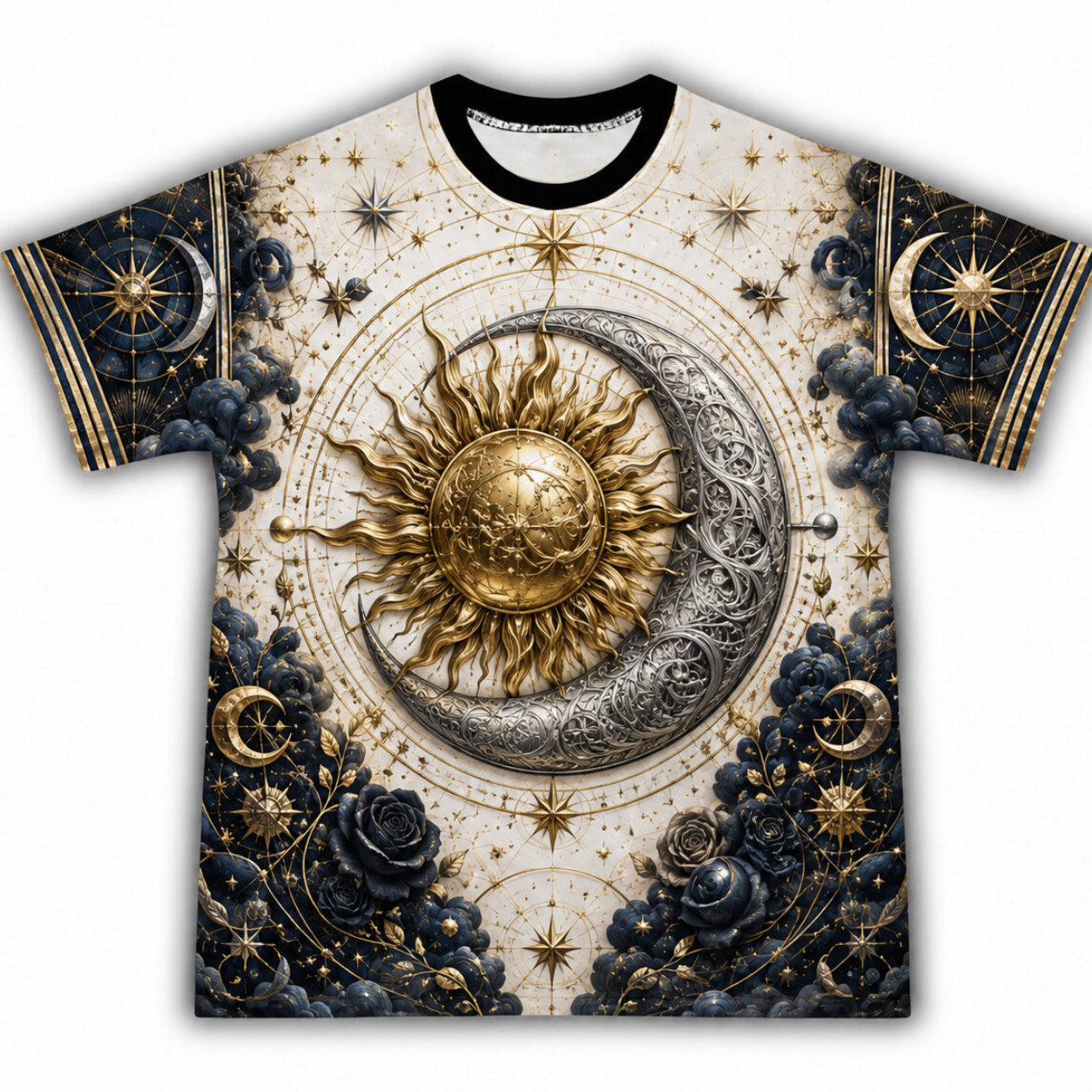 Sun And Moon T-Shirt Navy Rose Celestial Gold Silver Tee front view