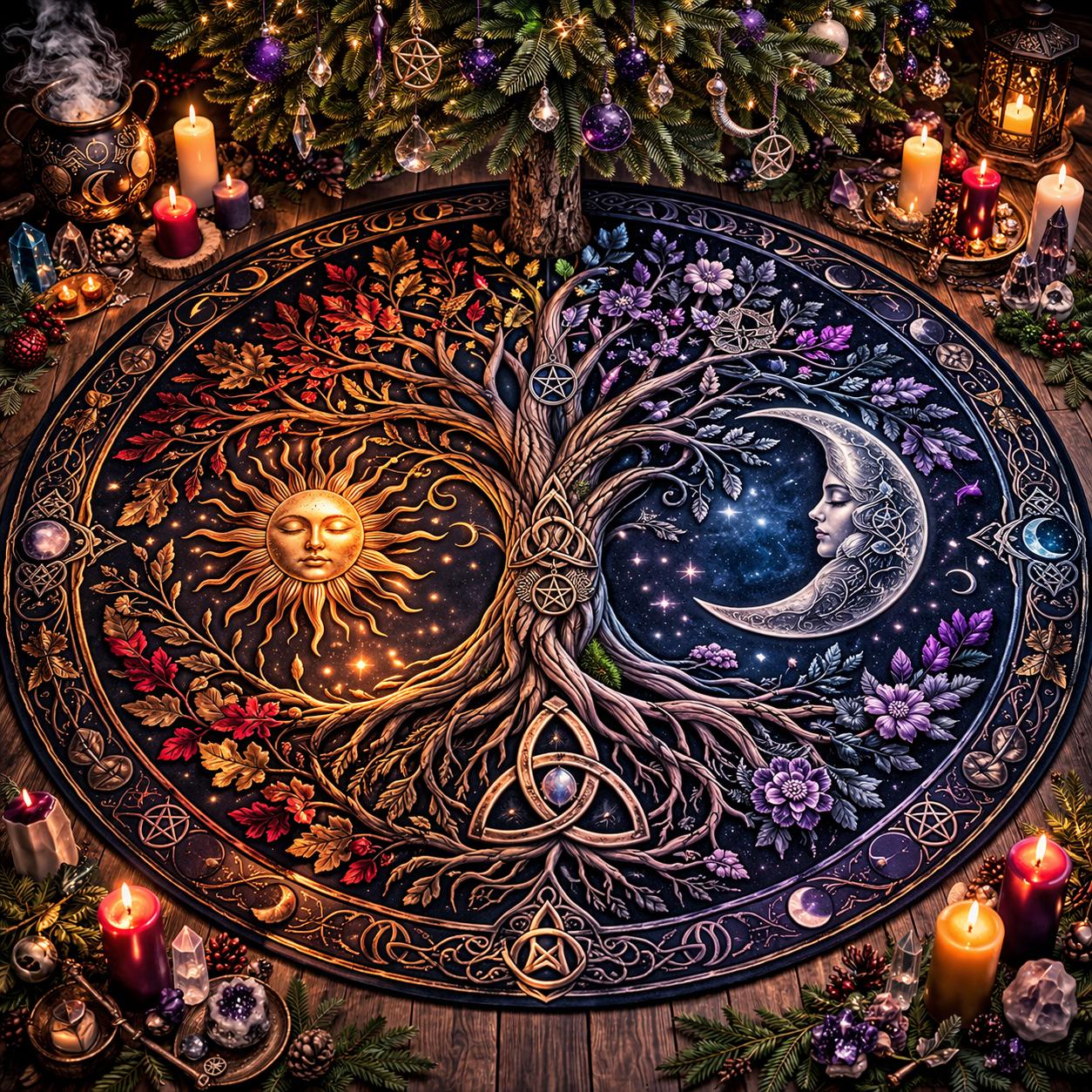 Gothic velvet Yule tree skirt with a vibrant Sun and Moon Tree of Life design, surrounded by candles and ornaments.