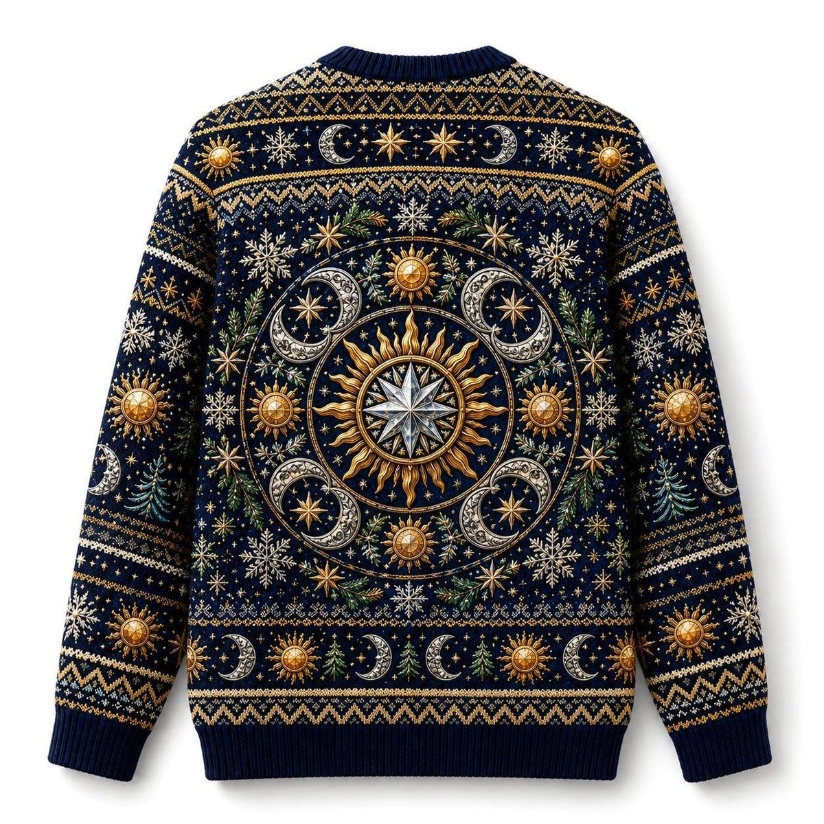 Sun And Moon Sweater Astrolabe Celestial Navy Gold Knit back view