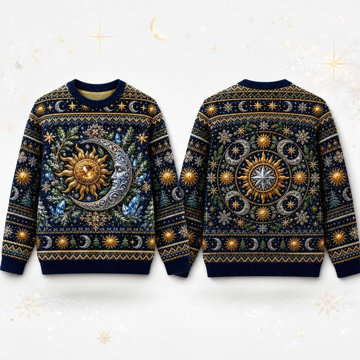 Sun And Moon Sweater Astrolabe Celestial Navy Gold Knit front and back together