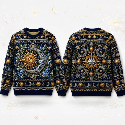 Sun And Moon Sweater Astrolabe Celestial Navy Gold Knit front and back together