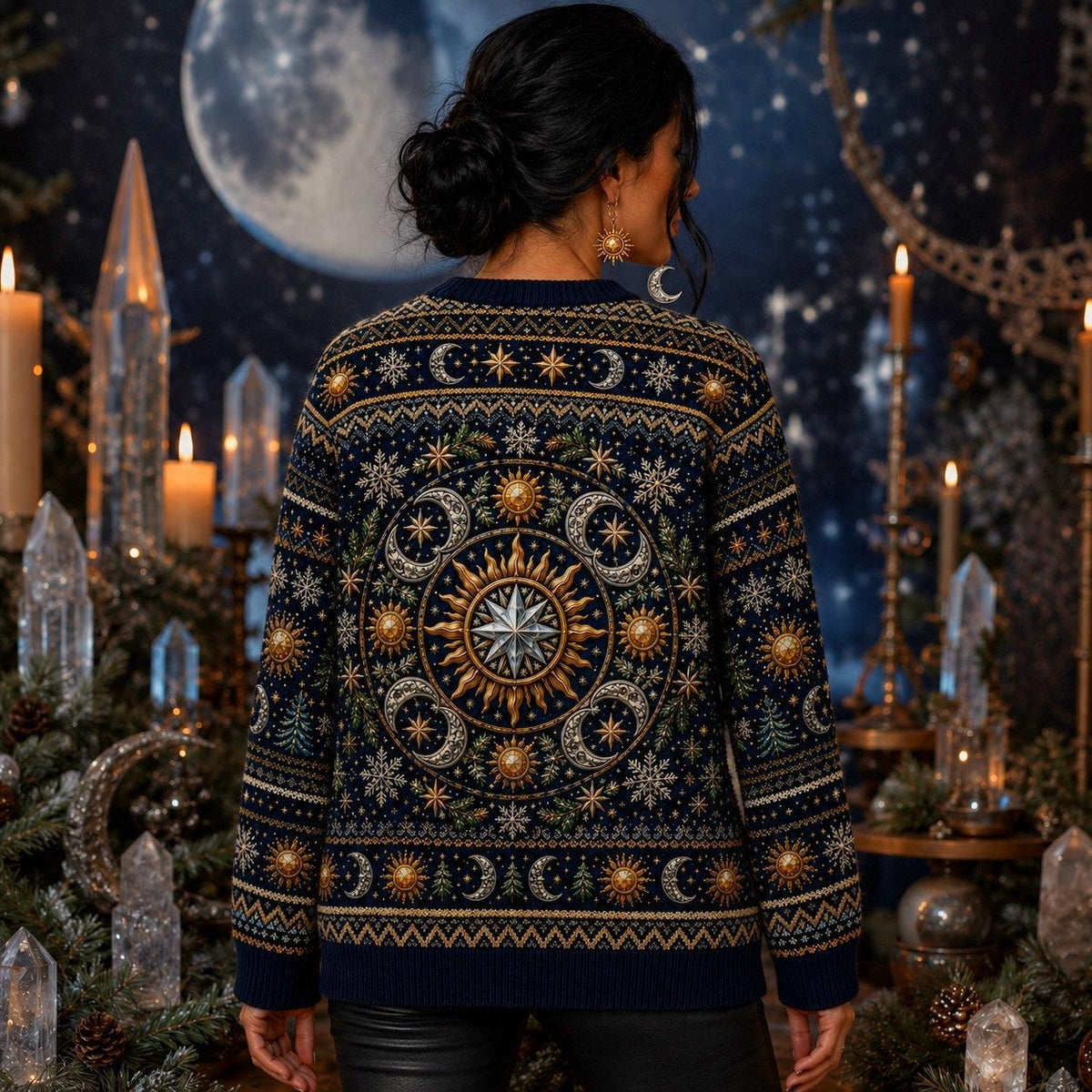Sun And Moon Sweater Astrolabe Celestial Navy Gold Knit worn, back view