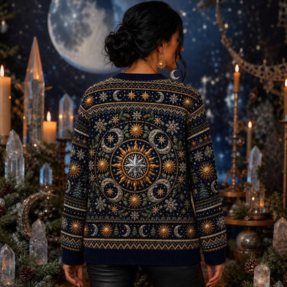 Sun And Moon Sweater Astrolabe Celestial Navy Gold Knit worn, back view