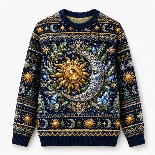 Sun And Moon Sweater Astrolabe Celestial Navy Gold Knit front view