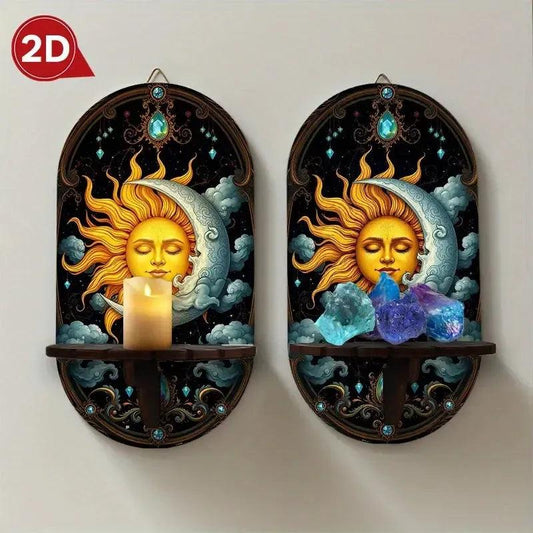 Sun And Moon Wall Shelf for Crystals & Candles – Wooden Celestial Floating Shelf Pagan Altar Decor-MoonChildWorld