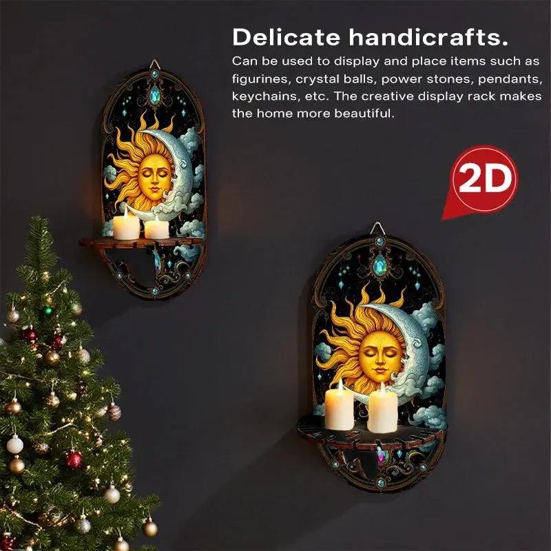 Sun And Moon Wall Shelf for Crystals & Candles – Wooden Celestial Floating Shelf Pagan Altar Decor-MoonChildWorld