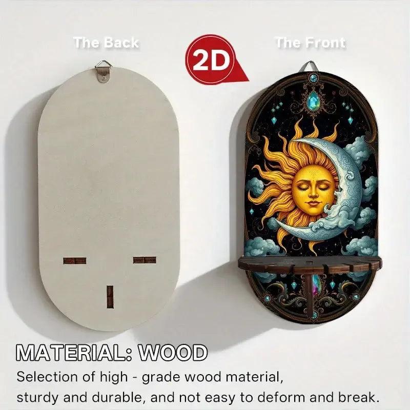 Sun And Moon Wall Shelf for Crystals & Candles – Wooden Celestial Floating Shelf Pagan Altar Decor-MoonChildWorld