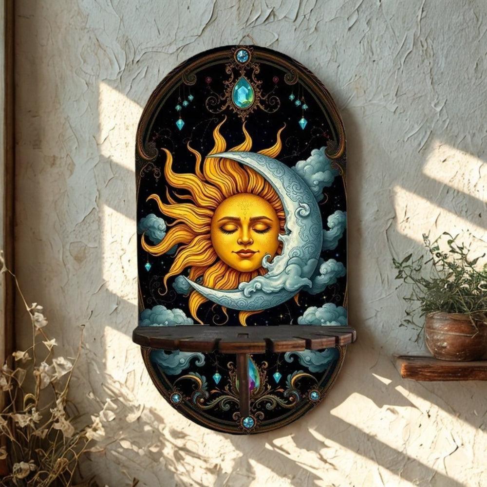 Sun And Moon Wall Shelf for Crystals & Candles – Wooden Celestial Floating Shelf Pagan Altar Decor-MoonChildWorld