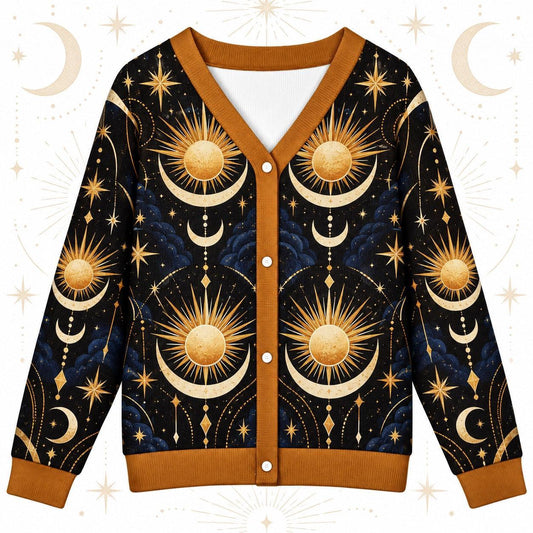 Sun Face Moon Phase Winter Solstice Cardigan for Women Celestial Gold, front view