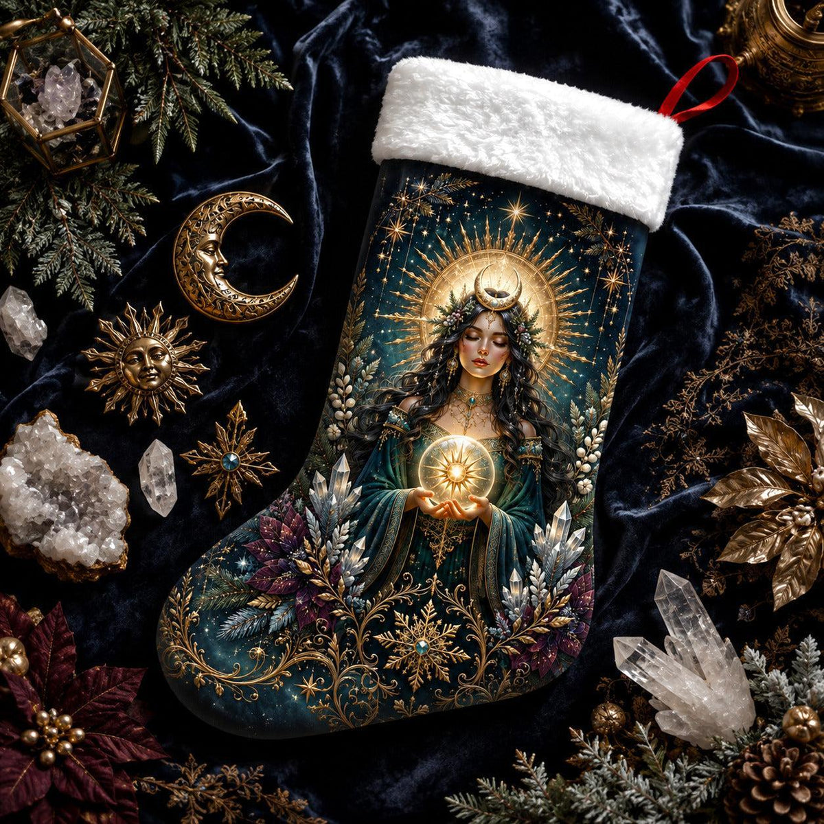 Sun Goddess Christmas Stocking Golden Halo Witchy Solstice Decor